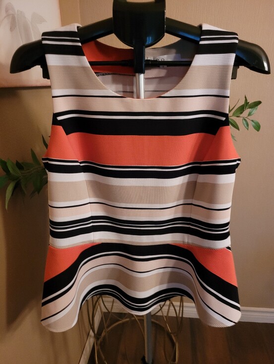 cleo Tops - Cleo Striped Peplum Tank in Black, Cream & Coral